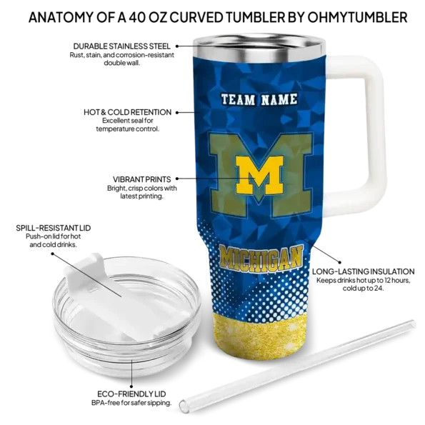 customized michigan wolverines geometric prism blue curved tumbler new arrival.webp