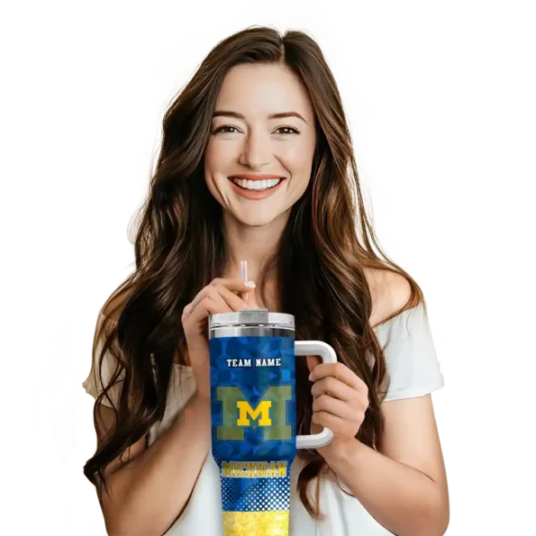 customized michigan wolverines geometric prism blue curved tumbler premium grade.webp
