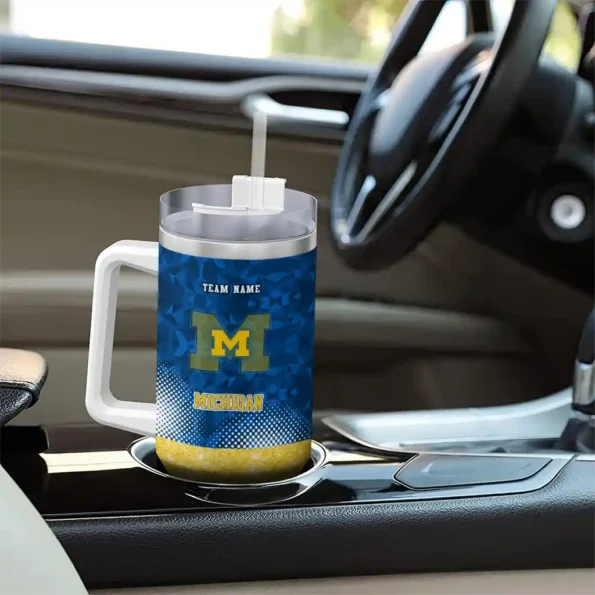 customized michigan wolverines geometric prism blue curved tumbler trendy.webp