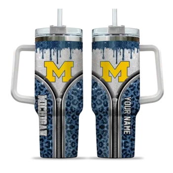 customized michigan wolverines leopard zipper blue curved tumbler best selling.webp
