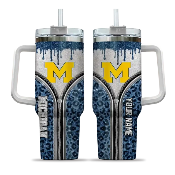 customized michigan wolverines leopard zipper blue curved tumbler best selling.webp
