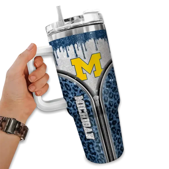customized michigan wolverines leopard zipper blue curved tumbler fashion forward.webp