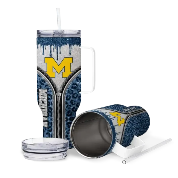 customized michigan wolverines leopard zipper blue curved tumbler high quality.webp