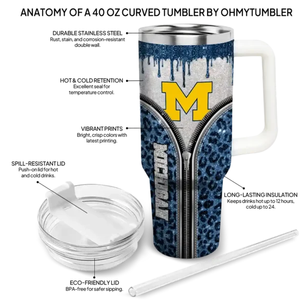 customized michigan wolverines leopard zipper blue curved tumbler new arrival.webp