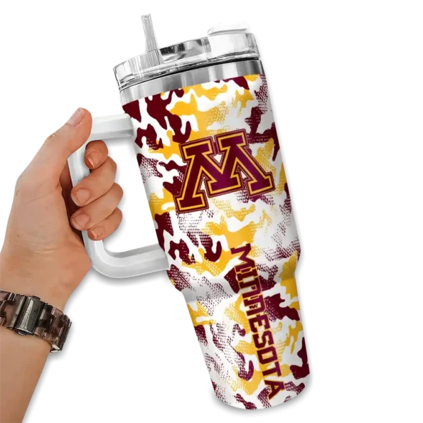 customized minnesota golden gophers camo mashup maroon white curved tumbler fashion forward.webp
