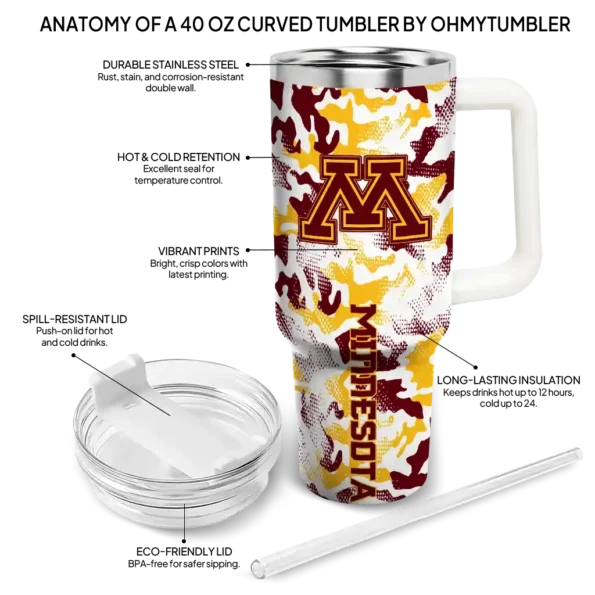 customized minnesota golden gophers camo mashup maroon white curved tumbler new arrival.webp