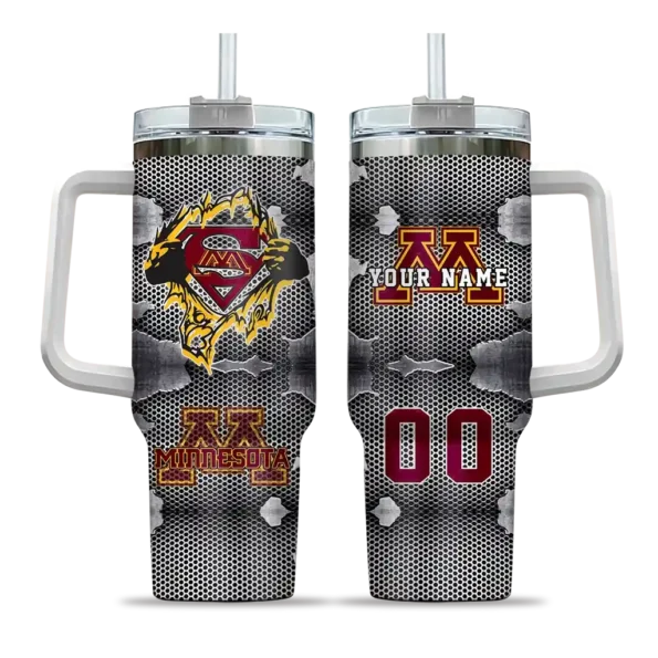 customized minnesota golden gophers superman shield maroon gray curved tumbler best selling.webp