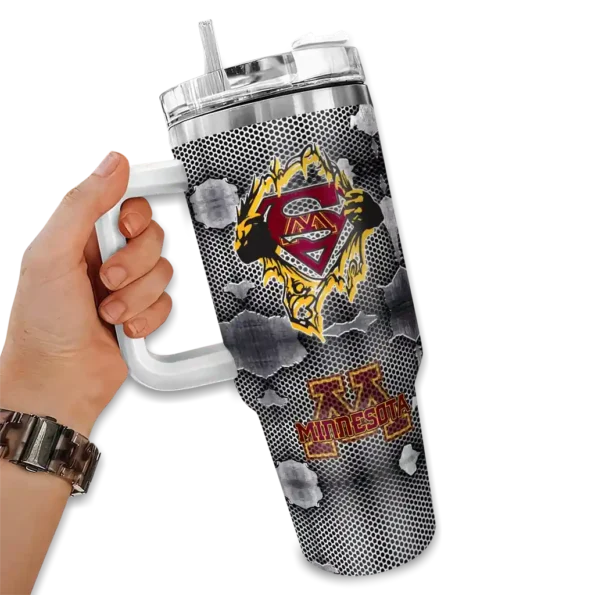 customized minnesota golden gophers superman shield maroon gray curved tumbler fashion forward.webp