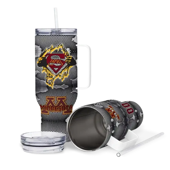 customized minnesota golden gophers superman shield maroon gray curved tumbler high quality.webp