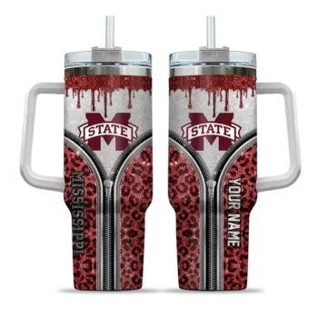 customized mississippi state bulldogs leopard zipper maroon curved tumbler best selling.webp