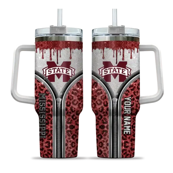 customized mississippi state bulldogs leopard zipper maroon curved tumbler best selling.webp