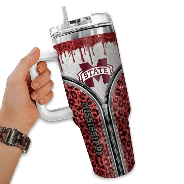 customized mississippi state bulldogs leopard zipper maroon curved tumbler fashion forward.webp