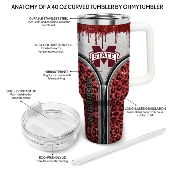 customized mississippi state bulldogs leopard zipper maroon curved tumbler new arrival.webp
