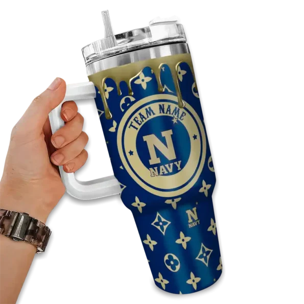 customized navy midshipmen bullseye drips blue curved tumbler fashion forward.webp