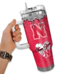 customized nebraska cornhuskers heart helmet motif red curved tumbler best selling.webp
