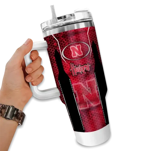 customized nebraska cornhuskers hexagon armor red curved tumbler fashion forward.webp