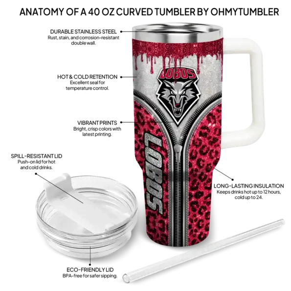 customized new mexico lobos leopard zipper red curved tumbler new arrival.webp