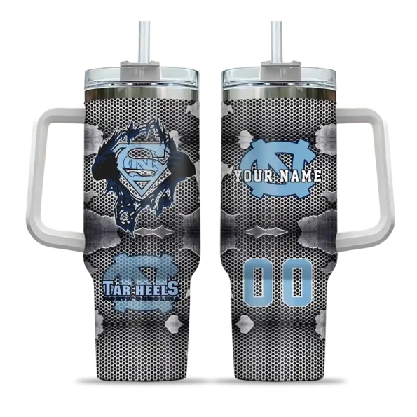 customized north carolina tar heels superman shield light blue gray curved tumbler best selling
