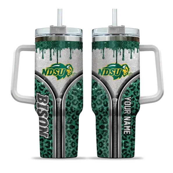 customized north dakota state bison leopard zipper green curved tumbler best selling