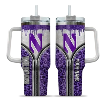 customized northwestern wildcats leopard zipper purple curved tumbler best selling.webp