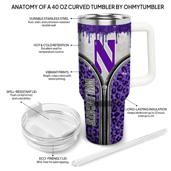 customized northwestern wildcats leopard zipper purple curved tumbler new arrival.webp