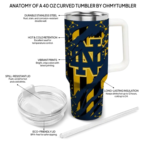 customized notre dame fighting irish claw cut navy black curved tumbler new arrival.webp