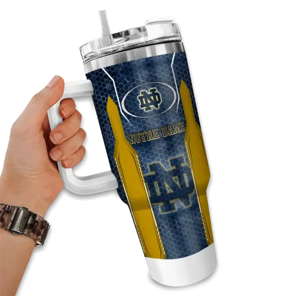 customized notre dame fighting irish hexagon armor navy curved tumbler fashion forward.webp