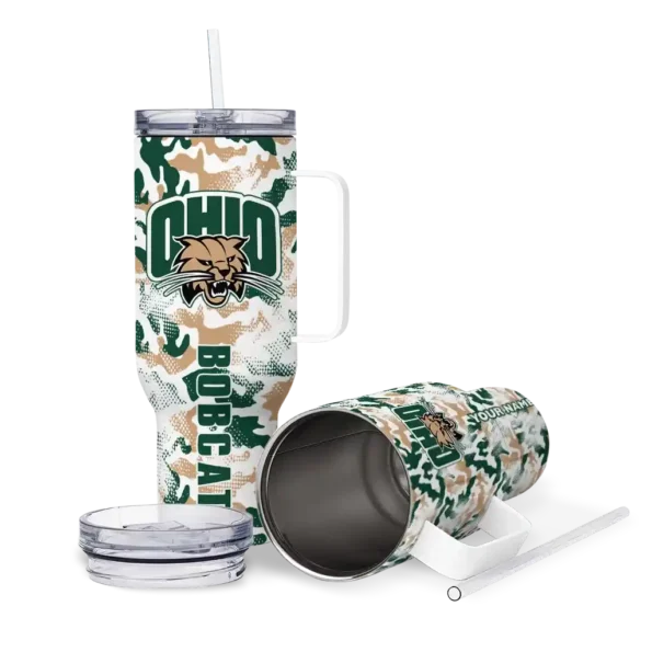 customized ohio bobcats camo mashup green white curved tumbler high quality.webp
