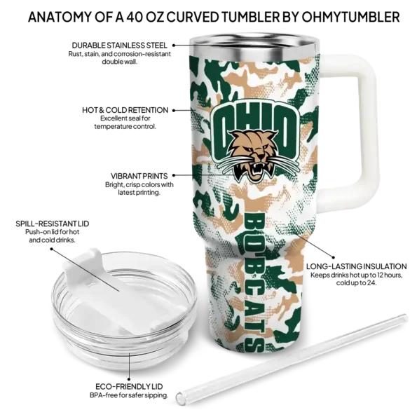 customized ohio bobcats camo mashup green white curved tumbler new arrival.webp