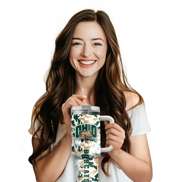 customized ohio bobcats camo mashup green white curved tumbler premium grade.webp