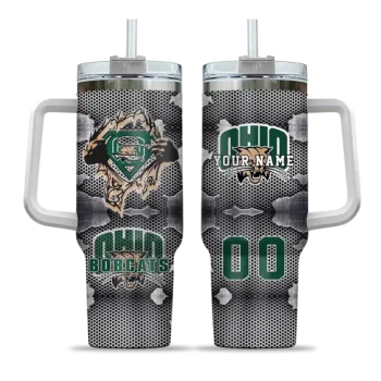 customized ohio bobcats superman shield green gray curved tumbler best selling.webp