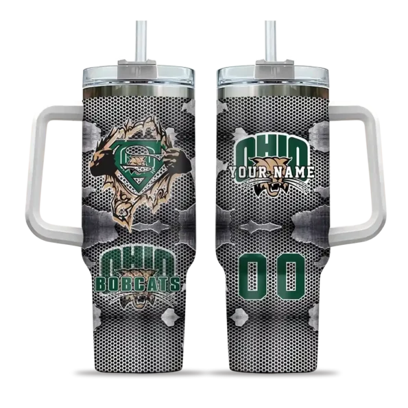 customized ohio bobcats superman shield green gray curved tumbler best selling.webp