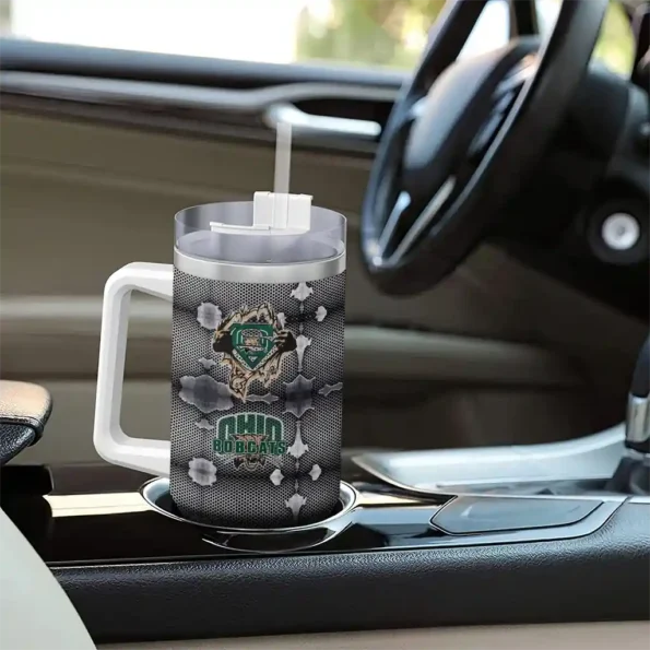 customized ohio bobcats superman shield green gray curved tumbler trendy.webp