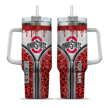 customized ohio state buckeyes leopard zipper scarlet curved tumbler best selling.webp
