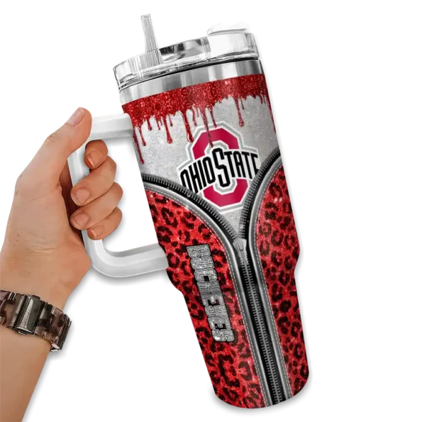customized ohio state buckeyes leopard zipper scarlet curved tumbler fashion forward.webp