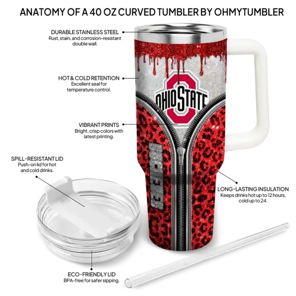 customized ohio state buckeyes leopard zipper scarlet curved tumbler new arrival.webp