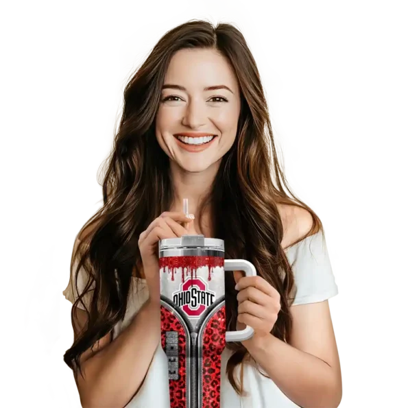 customized ohio state buckeyes leopard zipper scarlet curved tumbler premium grade.webp