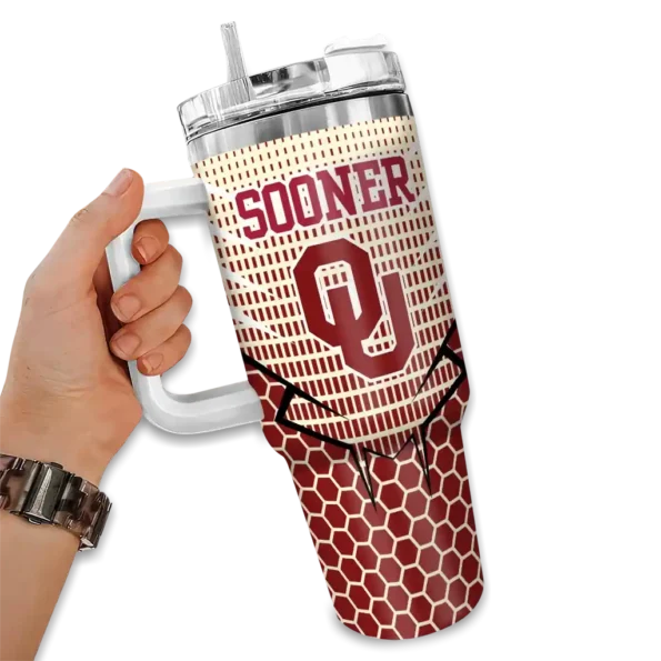 customized oklahoma sooners hex texture crimson curved tumbler fashion forward.webp