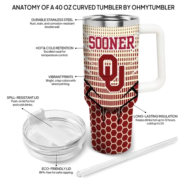 customized oklahoma sooners hex texture crimson curved tumbler new arrival.webp