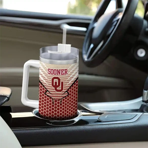 customized oklahoma sooners hex texture crimson curved tumbler trendy.webp