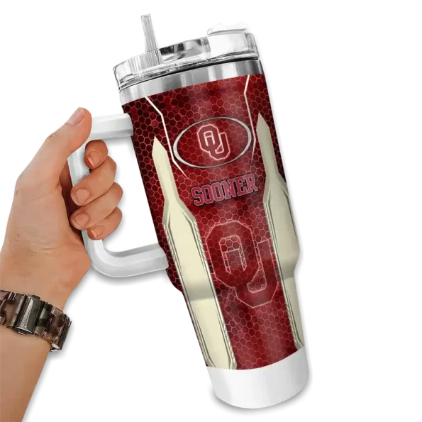 customized oklahoma sooners hexagon armor crimson curved tumbler fashion forward.webp