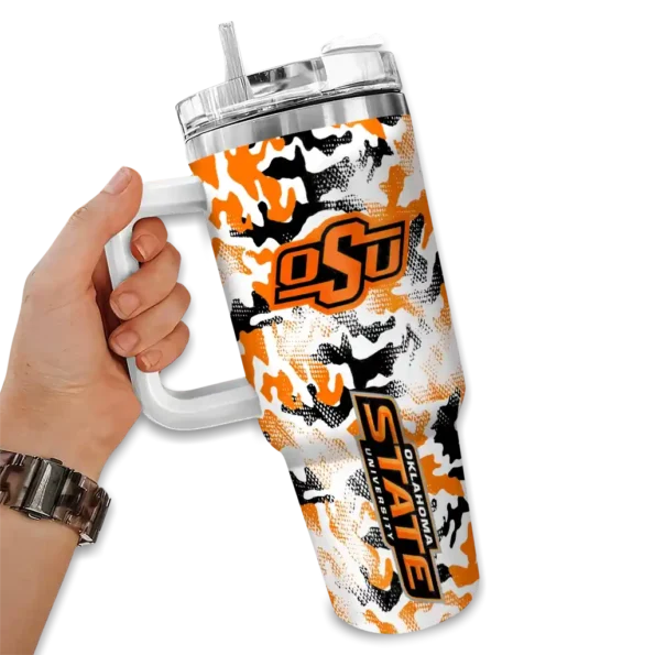 customized oklahoma state cowboys camo mashup orange white curved tumbler fashion forward.webp