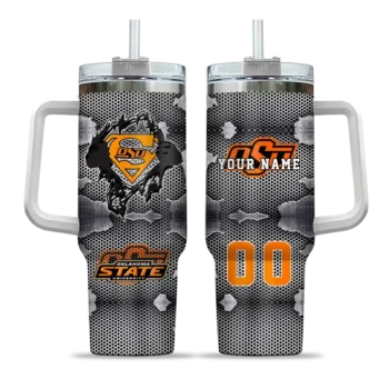 customized oklahoma state cowboys superman shield orange gray curved tumbler best selling.webp