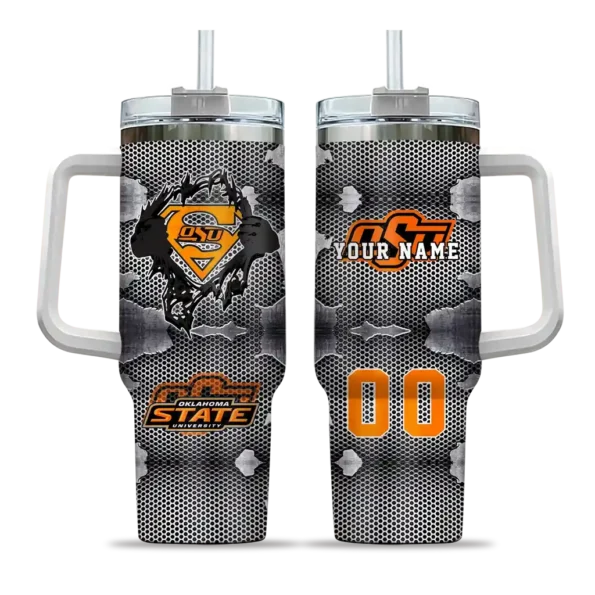 customized oklahoma state cowboys superman shield orange gray curved tumbler best selling.webp