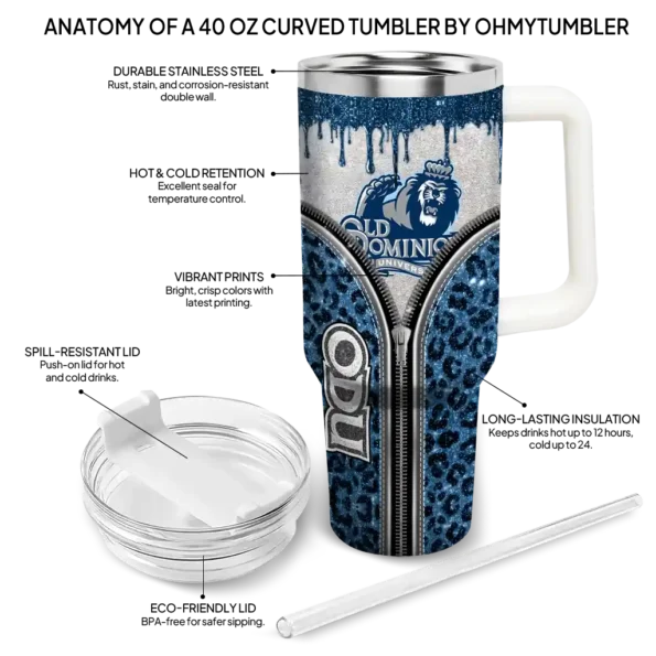 customized old dominion monarchs leopard zipper blue curved tumbler new arrival.webp