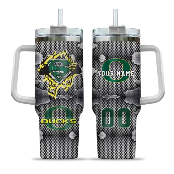 customized oregon ducks superman shield green gray curved tumbler best selling.webp