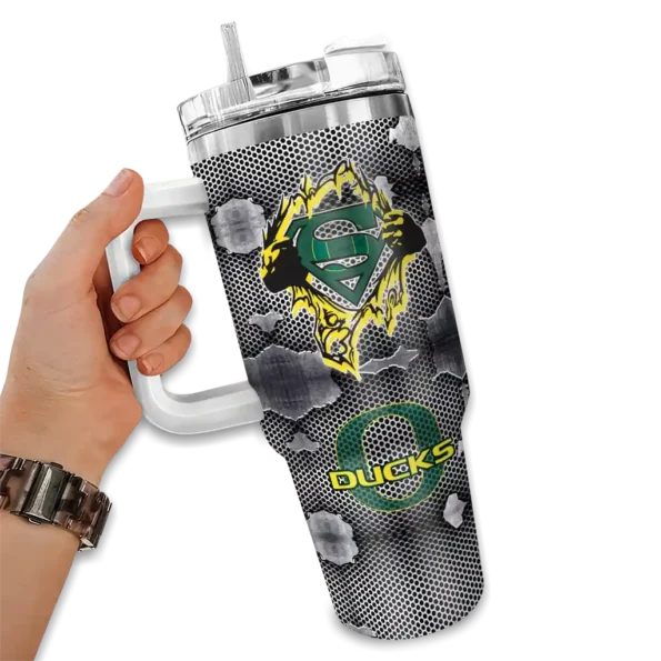 customized oregon ducks superman shield green gray curved tumbler fashion forward.webp