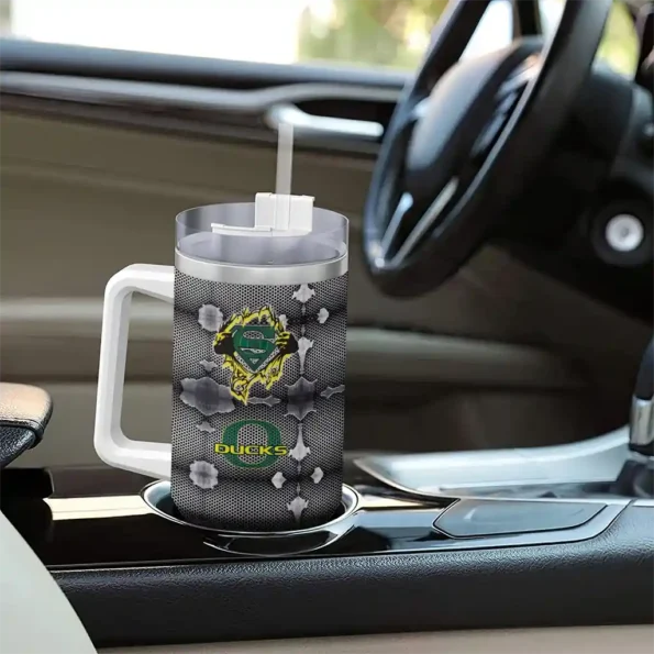 customized oregon ducks superman shield green gray curved tumbler trendy.webp