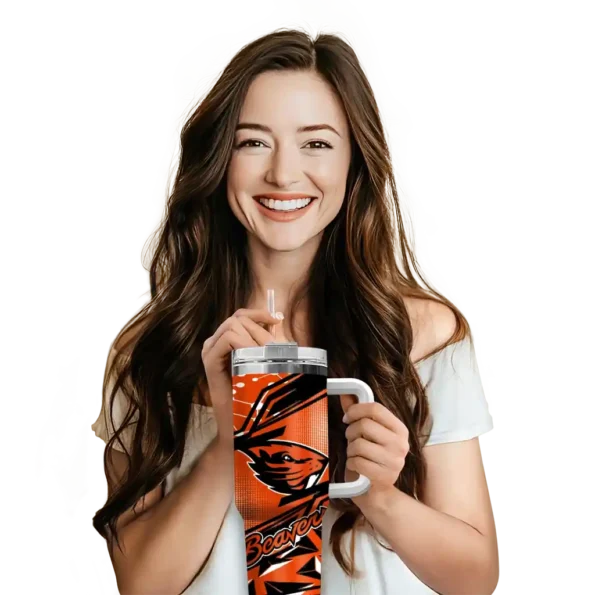 customized oregon state beavers abstract paths orange curved tumbler premium grade.webp