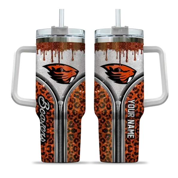 customized oregon state beavers leopard zipper orange curved tumbler best selling.webp